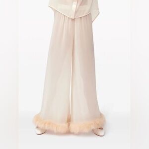 Sleeper Pale Pink/Cream Wide-Leg Feather-Trim Palazzo Pants